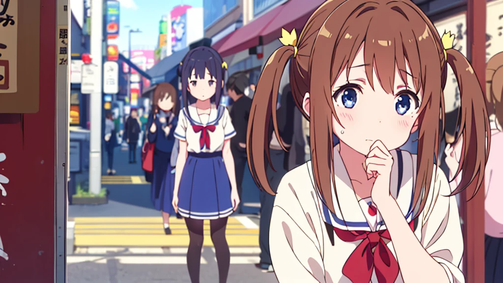 Girl with short dress and long stockings on Akihabara street. Tanuki blushes on her cheeks.  