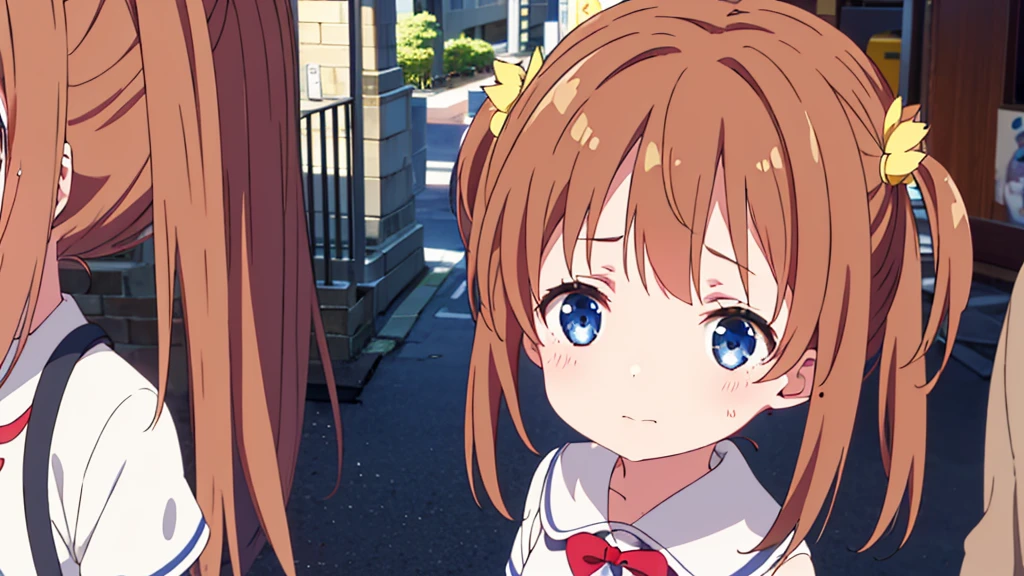 Girl with short dress and long stockings on Akihabara street. Tanuki blushes on her cheeks.  