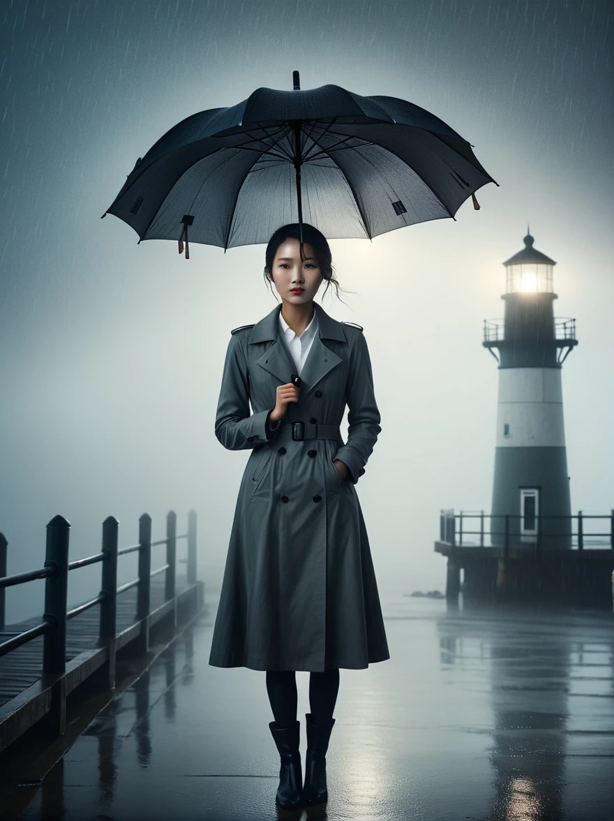 1 beautiful Korean woman, solo, rain, Fog, cold, boring, , pier, only, lighthouse, Coast, The dim light shines in the Fog,and the figure stands in the Fog holding an umbrella, (명암대rain, cinematic lighting, shadow, film grain, anatomically correct, accurate, Awards, mackerel, 8K) realistic photo