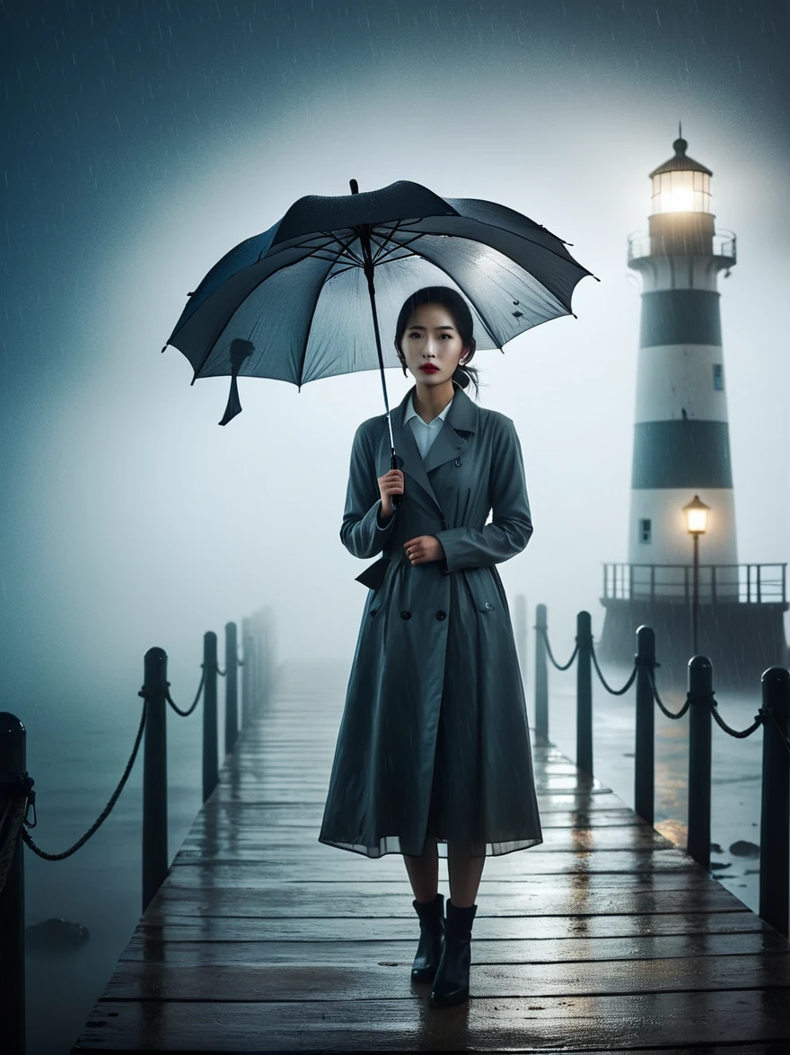 1 beautiful Korean woman, solo, rain, Fog, cold, boring, , pier, only, lighthouse, Coast, The dim light shines in the Fog,and the figure stands in the Fog holding an umbrella, (명암대rain, cinematic lighting, shadow, film grain, anatomically correct, accurate, Awards, mackerel, 8K) realistic photo