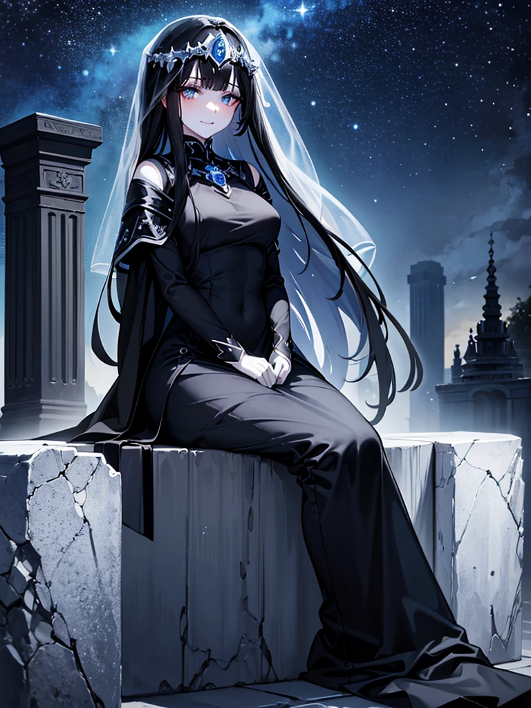 Beautiful, majestic, melancholic, woman, solo-girl, long black hair, pale white skin, indigo eyes, narrow eyes, sly smile, (black dress:1.1), (black and blue veil:1.1), sitting on a stone pillar, dark ancient temple, starry sky in background, rays of moonlight