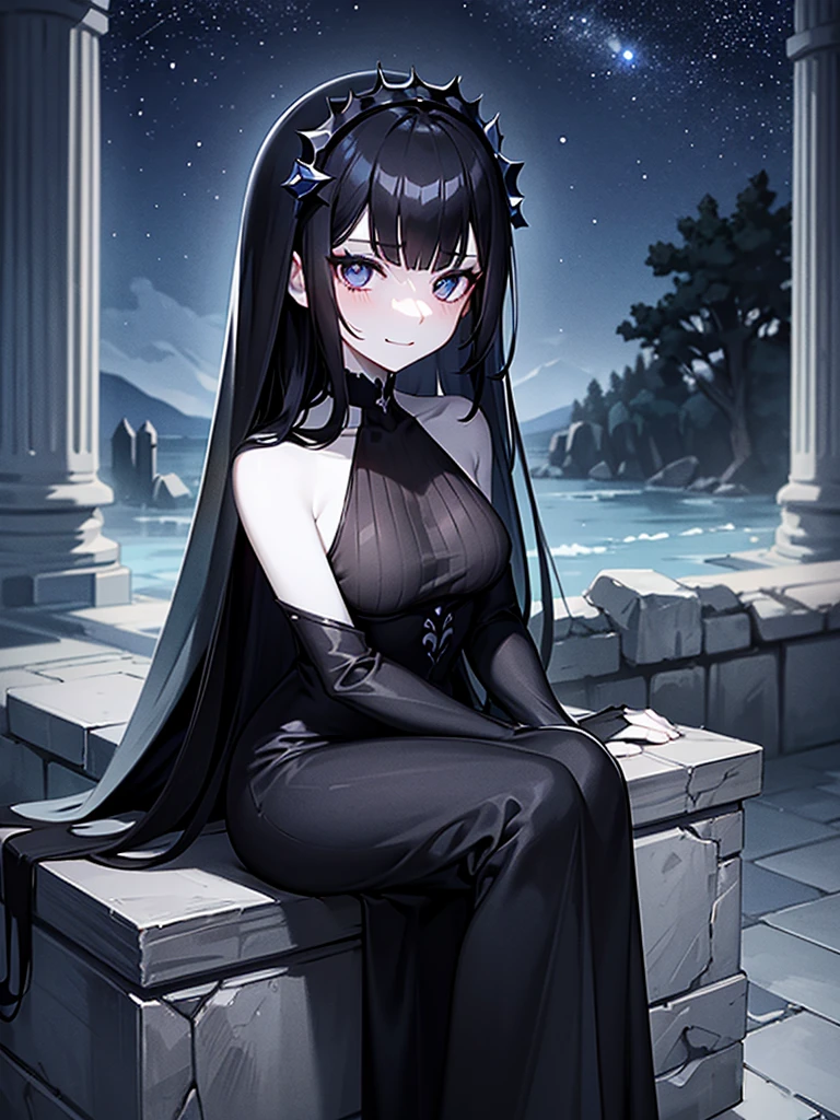 Beautiful, majestic, melancholic, woman, solo-girl, long black hair, pale white skin, indigo eyes, narrow eyes, sly smile, (black dress:1.1), (black and blue veil:1.1), sitting on a stone pillar, dark ancient temple, starry sky in background, rays of moonlight