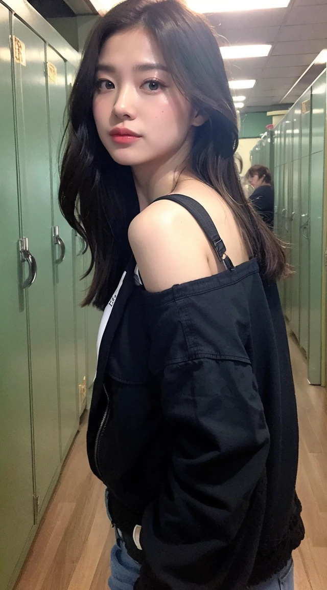 ((Highest quality、8K、masterpiece:1.3))、Photorealistic, Sharp focus, high resolution, High resolution, Portraiture, alone, Japanese women, Beautiful woman, sexy, Change of clothes、Half-taken shirt、Lean forward, 20-year-old, plump, semi-long, Wrinkles around the eyes, Office Changing Room, many steel lockers, Dark Background,
