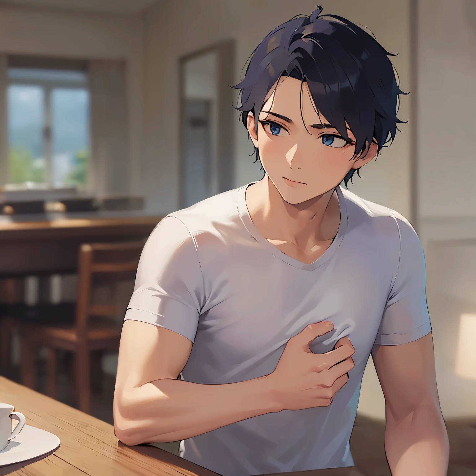 (looking away:1.5),upper body、 stroking own chin,
shiny skin, masterpiece、Highest quality、(25-year-old male:1.5) and (Black short hair) and (blue eyes)
(white) and (T-Shirts),汗
thinking、The background is the dining room at night、(Alone:1.5)