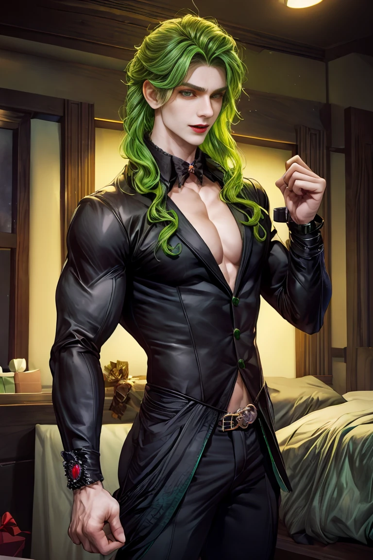 gekko style, vampire, 1boy, green hair, brown eyes, muscular, curly hair, long hair, gift, dark, mysterious, well-behaved, , bts, causal clothing, handsome, 2x2 collage, excited expression