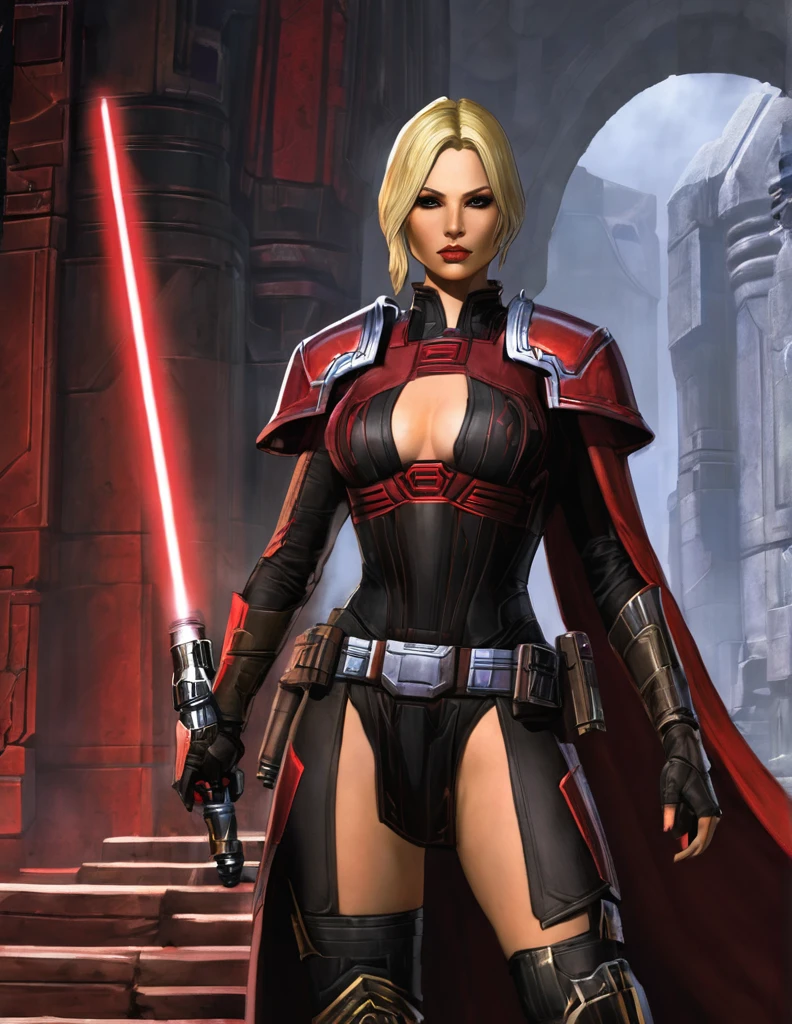 Une femme  blonde seule,  sensuelle, en seigneur sith, inspiré de star Wars old republic, en armure moulante ????, marche dans des ruines d'un temple sith de koriban sombre, sabre laser rouge en main, a un regard fort, un visage ??????? et ensorcelante, démarche gracieuse, courbe parfaite pour le corps.