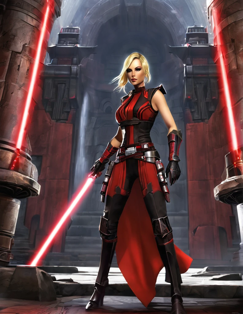 Une femme blonde seule, sensuelle, en seigneur sith, inspiré de star Wars old republic, en armure moulante noir, marche dans des ruines d'un temple sith de koriban sombre, sabre laser rouge en main, a un regard fort, un visage sadique et ensorcelante, démarche gracieuse, courbe parfaite pour le corps.