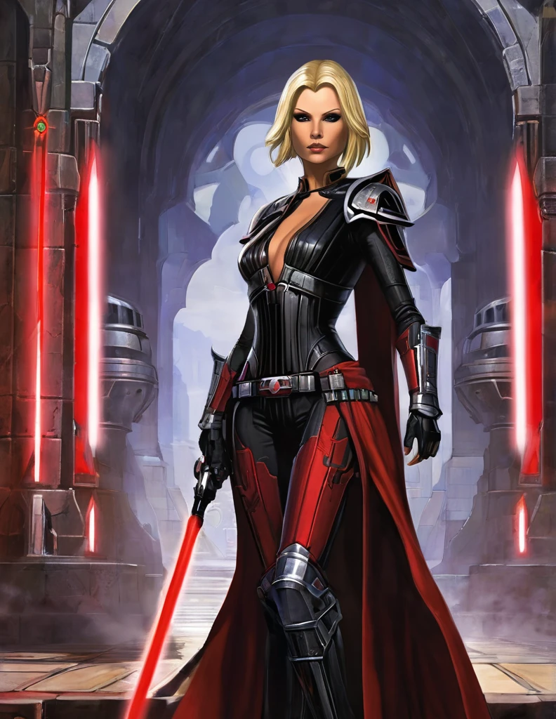 Une femme blonde seule, sensuelle, en seigneur sith, inspiré de star Wars old republic, en armure moulante noir, marche dans des ruines d'un temple sith de koriban sombre, sabre laser rouge en main, a un regard fort, un visage sadique et ensorcelante, démarche gracieuse, courbe parfaite pour le corps.