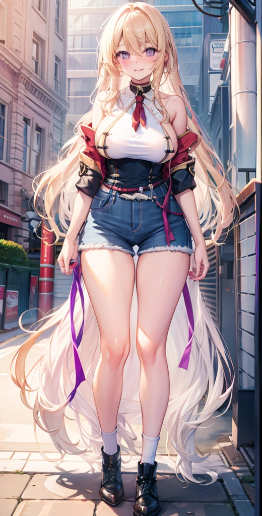 girl，Large Breasts，long hair，Topless，Bow，Blonde hair, Purple Eyes, Long hair, Large Breasts,  Socks, Clive Arch, belt, Short jeans pants,, permanent, Looking at the audience, city road, outdoor, modercity road, blush, Shy, Smile, Show your teeth, Sexy pose, shorts, jacket, Bare shoulders.