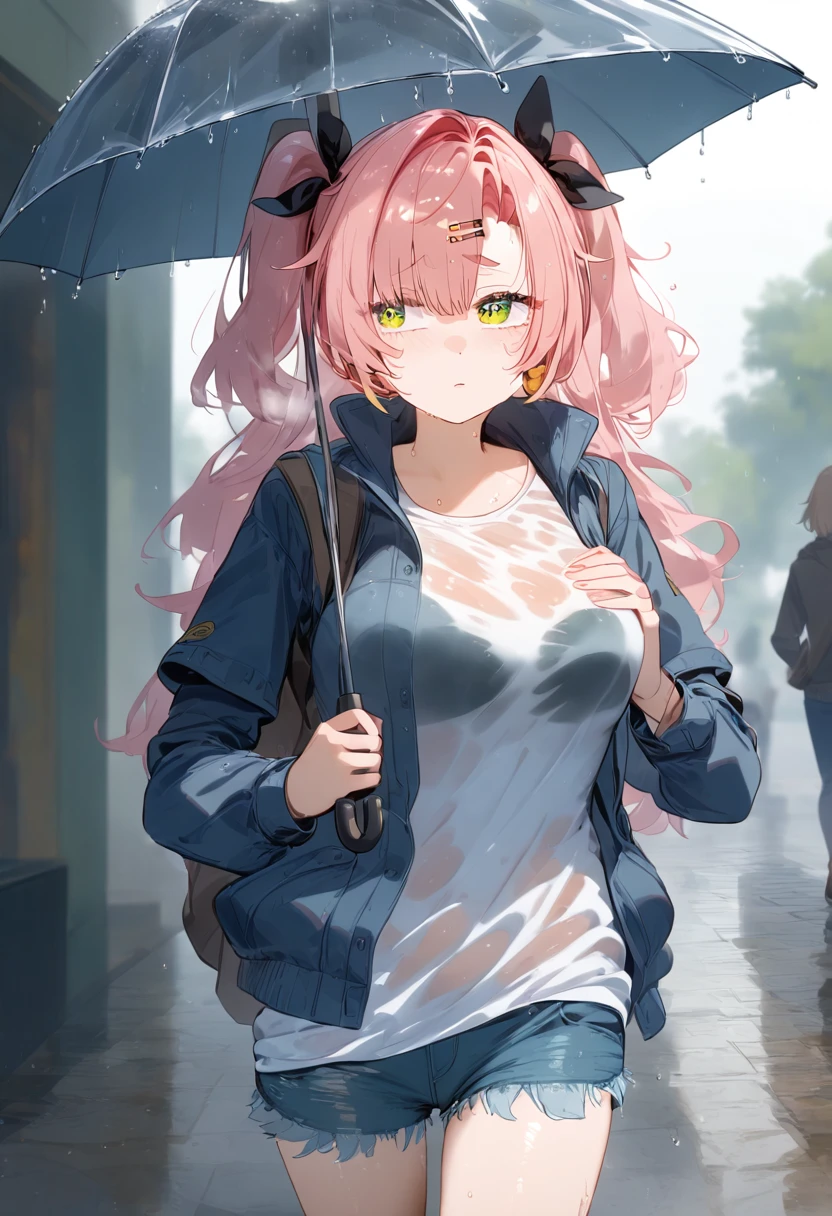 An anime girl,Pink Hair,Green eyes,Umbrella,Rainy Day,Get soaked,high and cold expression