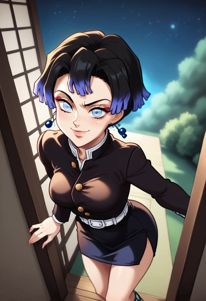 Draw a character in animated art style, with a vibrant and expressive appearance. The character must have exaggerated characteristics, like big, expressive eyes, a subtle and fun smile, and a straight posture. The background should be simple and not distract from the main figure. The character must be from the Kimetsu no Yaiba universe/Demon Slayer, black short hair, blue colored eyes. Wearing a tight skirt, angle from above, animated cartoon, beautiful drawing. (night filter, natta, Night)