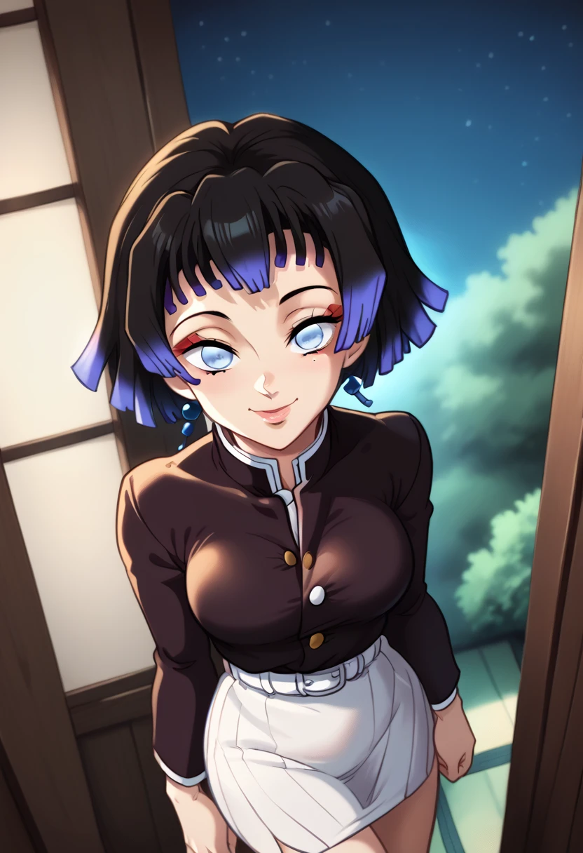 Draw a character in animated art style, with a vibrant and expressive appearance. The character must have exaggerated characteristics, like big, expressive eyes, a subtle and fun smile, and a straight posture. The background should be simple and not distract from the main figure. The character must be from the Kimetsu no Yaiba universe/Demon Slayer, black short hair, blue colored eyes. Wearing a tight skirt, angle from above, animated cartoon, beautiful drawing. (night filter, natta, Night)