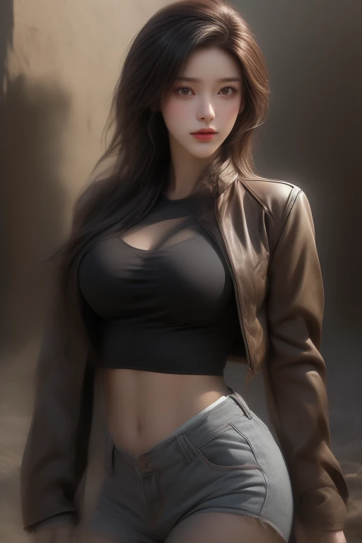((masterpiece, highest quality, Highest image quality, High resolution, photorealistic, Raw photo, 8K)), ((Extremely detailed CG unified 8k wallpaper)), (huge stunning goddess shot, very hot and sexy, jaw-dropping beauty, perfect proportions, beautiful body, slim body beauty:1.4), Post-Apocalyptic Wasteland, The world of Mad Max, she wears a leather jacket over his bare skin and holds a shotgun, adderskin eye patch, Collapsed buildings are being swallowed by the desert, Ruins hazed with dust and sand, 