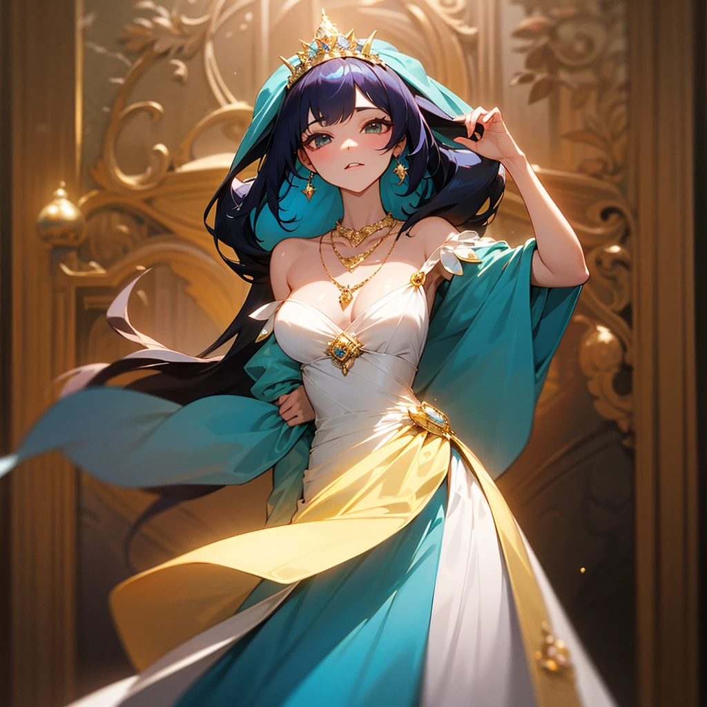 high resolution、Princess of the Topaz Kingdom。Neat and clean、There is an air of adult elegance、A tiara of topaz jewels、Gorgeous topaz necklace、Luxury Gold Dress、Fantasy、like medieval europe。
