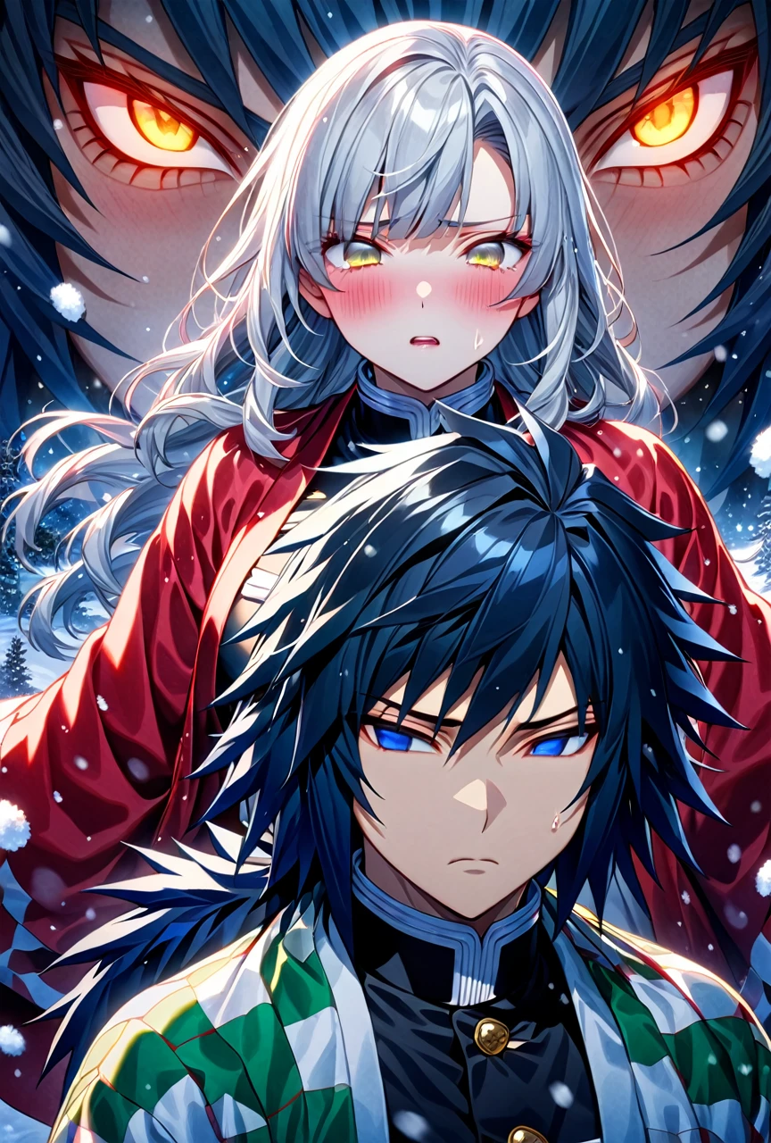 Ultra detailed, high resolution, absurd, HDR, masterpiece, anime girl and boy, beautiful woman (with long white hair with deep red streaks, woman (with yellow eyes), the woman (is wearing a red haori), long hair woman, in black demon slayer corps uniform, Kimetsu No Yaiba, fantasy, handsome, Tomioka Giyu, Hashira, Tomioka haori, Tomioka is serious and worried, couple, night, winter forest, snow, best quality, extremely detailed face, anime, the woman is really sad ,Tomioka is a strong man, the woman is angry, Tomioka Giyu is trying to confort the pretty woman, Tomioka is protecting his lover