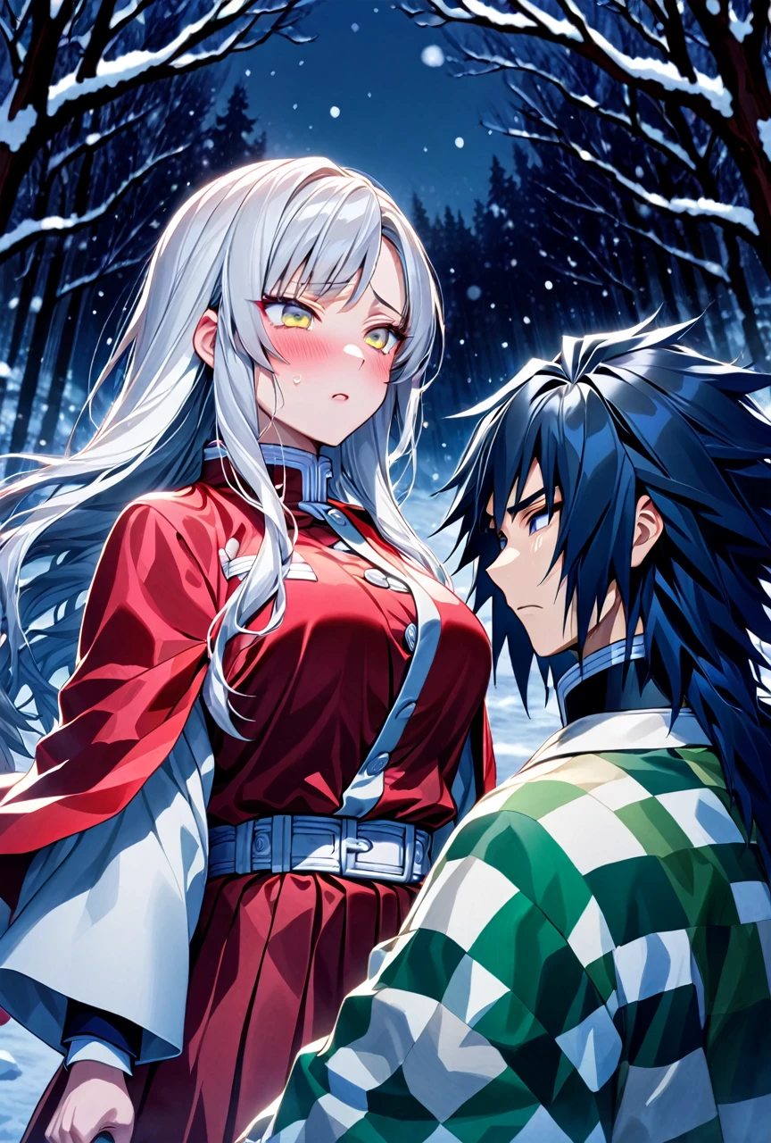 Ultra detailed, high resolution, absurd, HDR, masterpiece, anime girl and boy, beautiful woman (with long white hair with deep red streaks, woman (with yellow eyes), the woman (is wearing a red haori), long hair woman, in black demon slayer corps uniform, Kimetsu No Yaiba, fantasy, handsome, Tomioka Giyu, Hashira, Tomioka haori, Tomioka is serious and worried, couple, night, winter forest, snow, best quality, extremely detailed face, anime, the woman is really sad ,Tomioka is a strong man, the woman is angry, Tomioka Giyu is trying to confort the pretty woman, Tomioka is protecting his lover