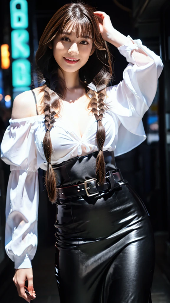 A girl with long wavy bionde hair , ((One Girl)),Cleavage, (bionde) ,(Long hair braid:1.3),blue eyes , A light smile, Gorgeous face , 18-year-old , (Slim figure , huge Breasts) , Chain belt, High waist latex pencil skirt, Latex Arm Sleeve, ((waist belt)), ((Hip belt)), Black leather scarf, White Off Shoulder Blouse, thin, City of night , Neon Light , Surrealism