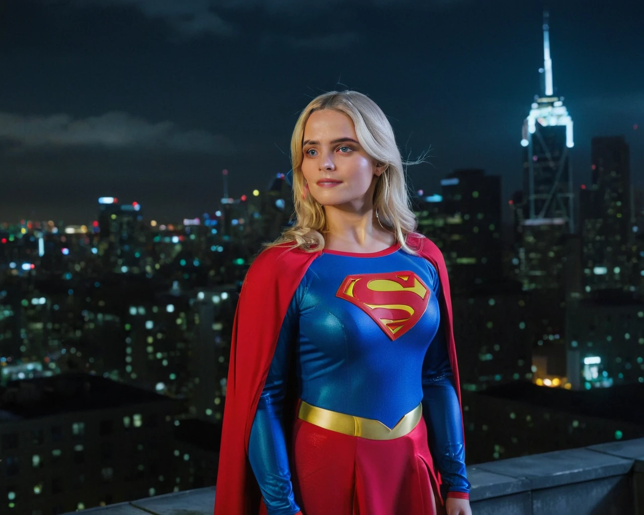 cinematic film still of ((Millie Gibson)) as supergirl ,wearing supergirl suit, standing on a roof top overlooking a city ,look up, serious expression, depth of field, telephoto lens, pudgy bulging stomach, medium blonde hair, looking up,(full body focus),half closed-eyes, central composition, night time, at night, shallow depth of field, highly detailed, high budget, bokeh, cinemascope, depressing, epic, gorgeous, film grain, grainy, ((Interrupted left brow)),