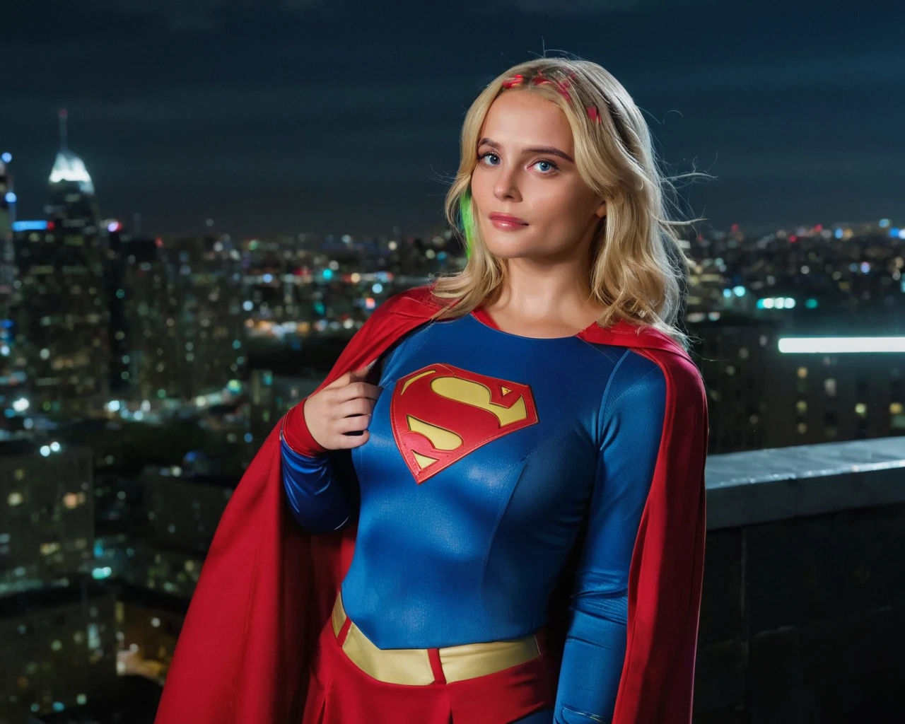 cinematic film still of ((Millie Gibson)) as supergirl ,wearing supergirl suit, standing on a roof top overlooking a city ,look up, serious expression, depth of field, telephoto lens, pudgy bulging stomach, medium blonde hair, looking up,(full body focus),half closed-eyes, central composition, night time, at night, shallow depth of field, highly detailed, high budget, bokeh, cinemascope, depressing, epic, gorgeous, film grain, grainy, ((Interrupted left brow)),