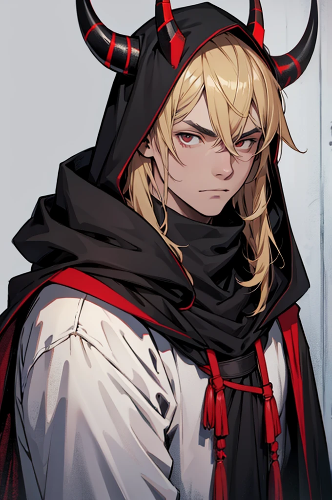 Teenager, small red horns, black eyes, imposing face, blond hair, with black cloak with hood on his head