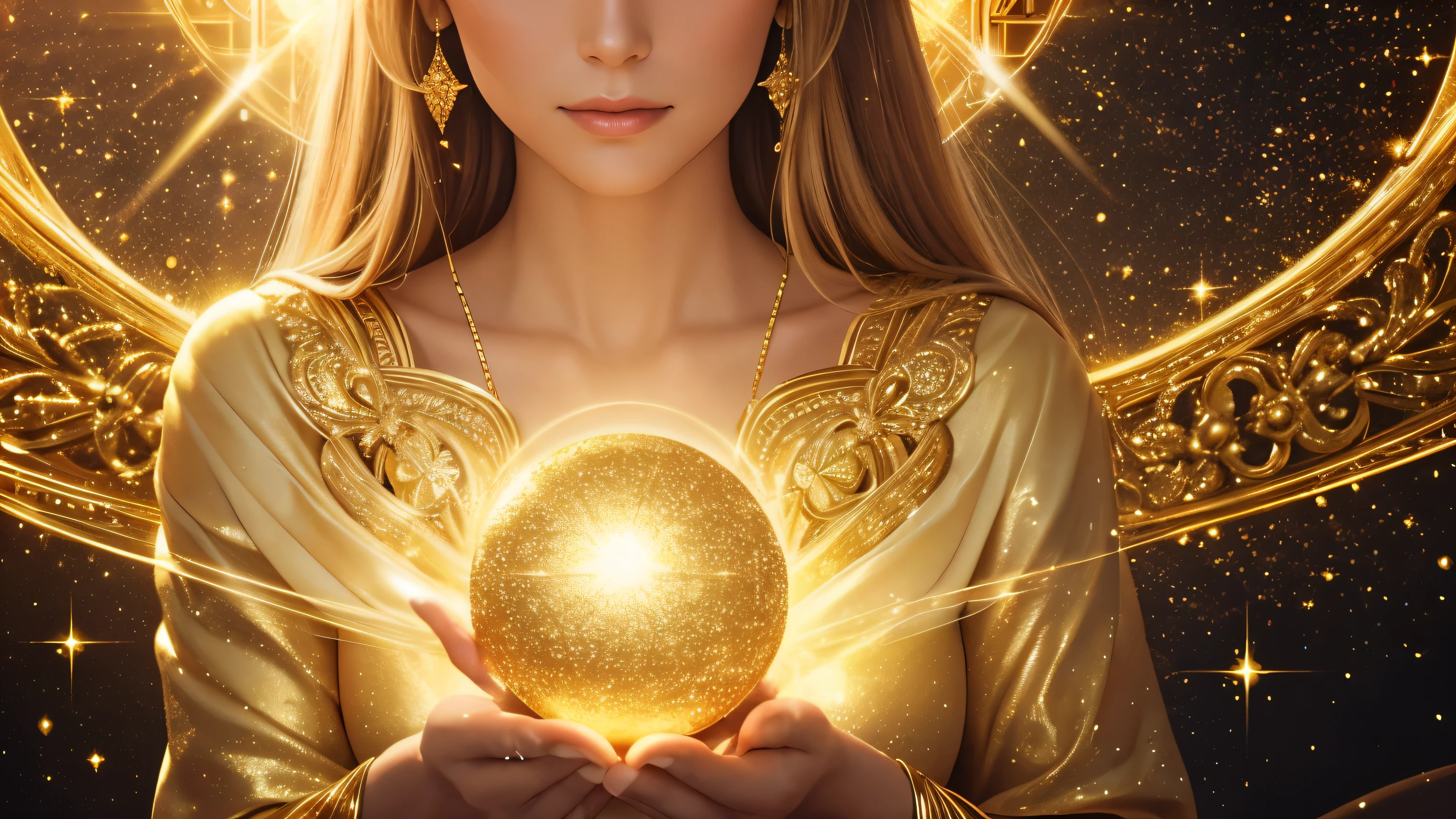 a close up of a woman holding a sparkle ball in her hand, gold ethereal light, glowing golden aura, emanating magic from her palms, yellow radiant magic, goddess of light, radiating golden light, golden aura, holy flame spell, magical light, glowing with magic, ethereal angelic being of light, bathed in golden light, emiting mystical light, filled with sparkling gold light and sprinkled gold particles