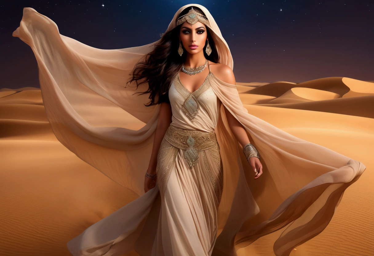 Arabian woman (top model, age 25, many fine layers of airy sheer fabric, Arabian princess) walking through the desert at night. Bodyguards flank her
