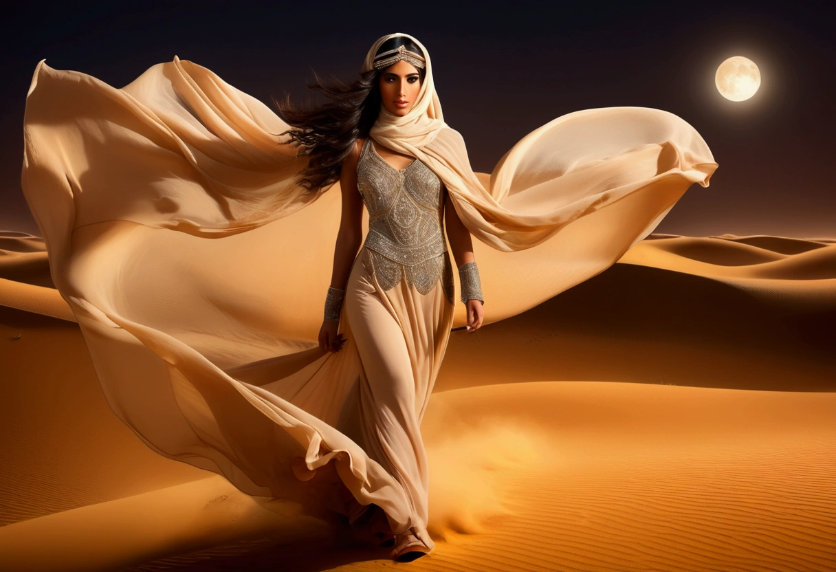 Arabian woman (top model, age 25, many fine layers of airy sheer fabric, Arabian princess) walking through the desert at night. Bodyguards flank her