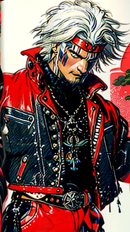 lion dance　whole body　cyber punk　 Japan　　Leather jacket　Gray Hair　AKIRA 　male　Fantasy
