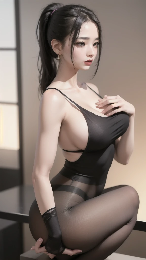 Delicate facial features，Mature girl，Face rosy and shiny micro-makeup，The figure is bumpy, the waist is slim, the G cup, and the chest is oversized（1：2） ， Huge buttocks，There is a vest line on the abdomen，Long legs，With stud earrings，Wearing black transparent pantyhose（1：3），Squat at the desk in the office（1：3），Divide and retreat（1：3），The lower floor plan is clearly visible（1：2），You can see a little detail，Hair double ponytail，Cute，High quality skin，The skin is delicately elastic and rosy and radiant，Body details are meticulous，Clear fingers，Ultra-high-definition 8K images，The background other than the subject is blurred with depth of field。