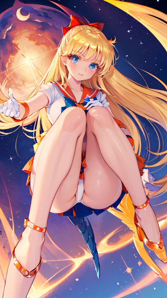 1girl, (Angle from below:1.8), ((Standing with legs apart and showing off her panties)), (Moonlit night)、(On the roof of a building)、thighs、(shiny White skin:1.6)、blue eyes, ((Slim figure)), ( girl), (A sadistic and malicious grin), ((pantiess))、(grin), (Shiny blonde hair)、Long hair, (forehead), (feet), Blue ribbon on chest, (Big red ribbon), ((Sailor Venus))、Sailor suit、(Orange pleated mini skirt)、panties, sexy pose, (close up panties:1.6)、