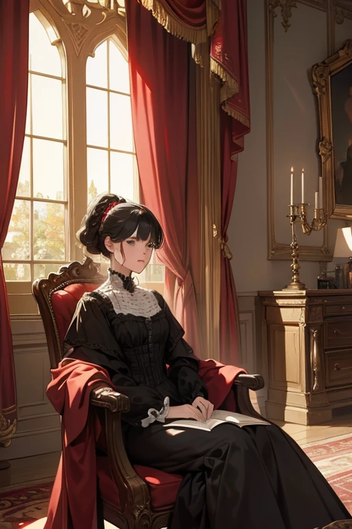 ((Masterpiece:1.2, best quality)), very detailed, Extremely accurate visualization, The picture is described in great detail., Luxurious Victorian mansion Antique English furniture, fantasy, windows, curtains, red and black tones, no people.