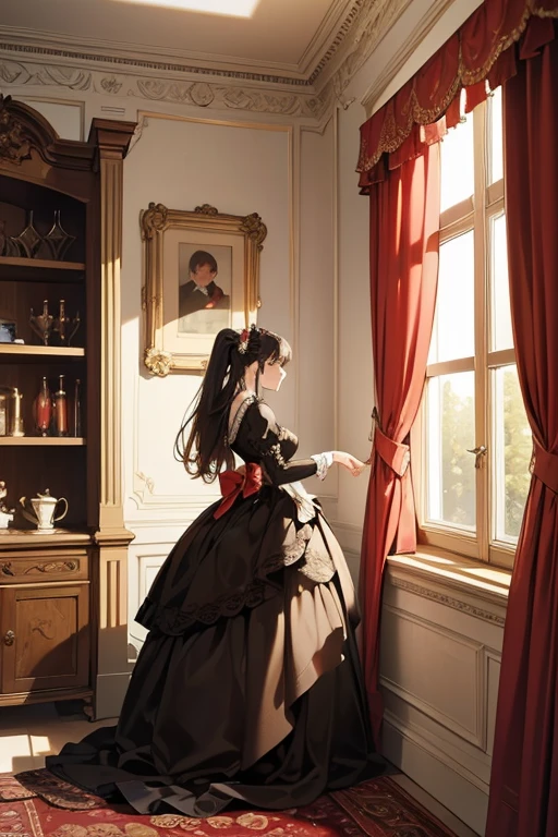 ((Masterpiece:1.2, best quality)), very detailed, Extremely accurate visualization, The picture is described in great detail., Luxurious Victorian mansion Antique English furniture, fantasy, windows, curtains, red and black tones, no people.