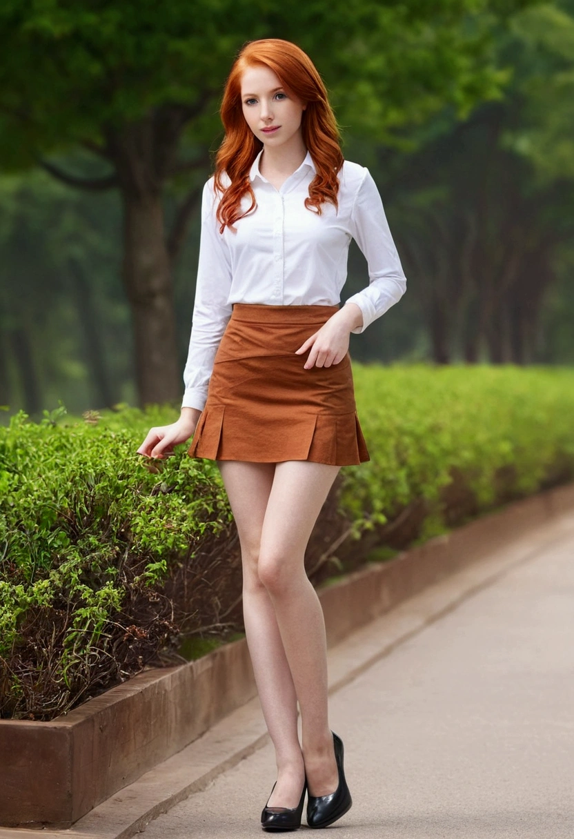 create the most attractive girl ever seen , redhead with long, well-defined legs , wear miniskirt alone