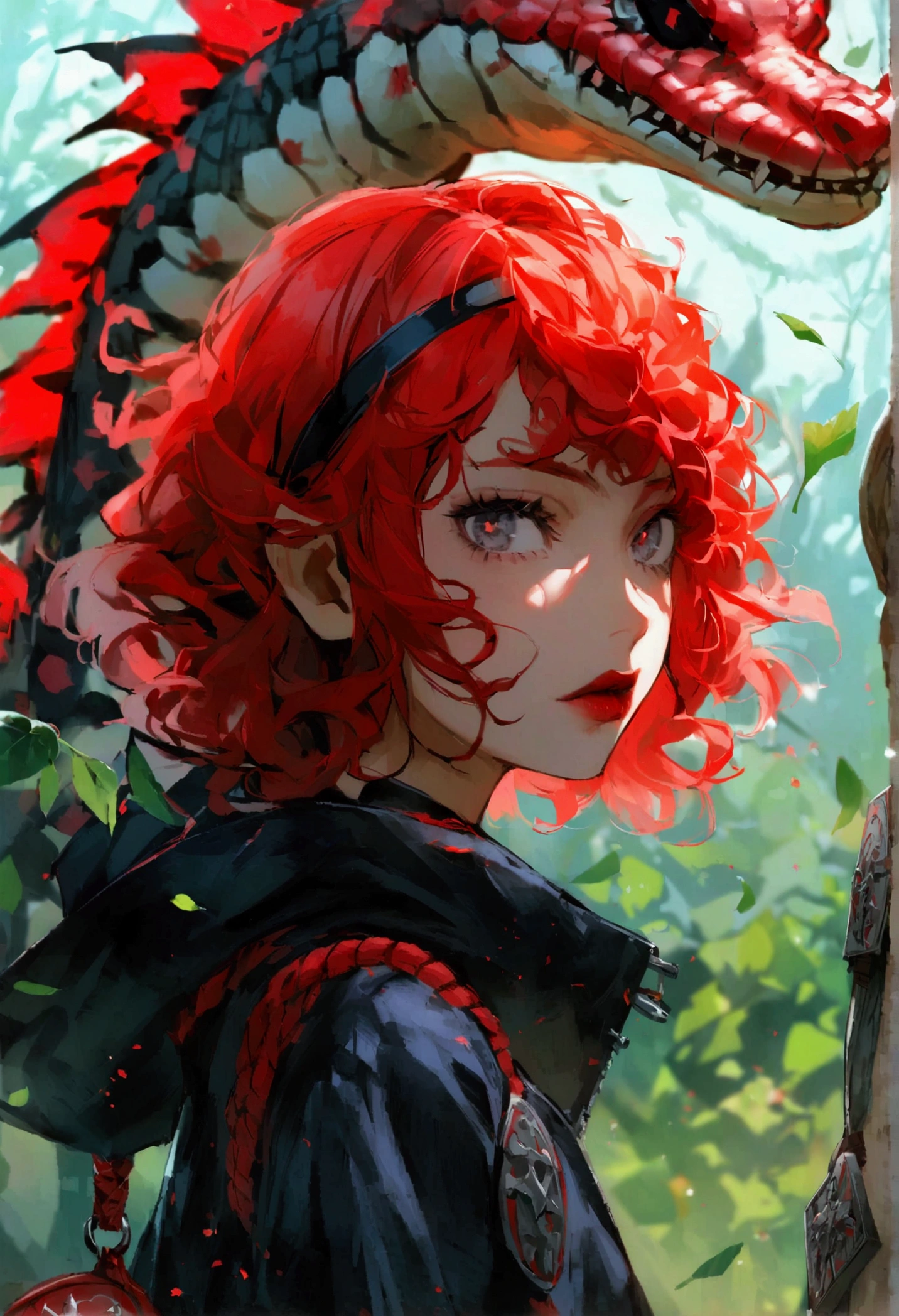 Redhead girl with wavy hair, with black eyeliner, visiting akatsuki outfit, with the sharingan in both eyes, she has a tenacious look, (On his forehead he wears a band with the village plaque between the leaves), She is facing the camera looking towards the camera., Behind her is a demon in the shape of a red crocodile accompanying her..
