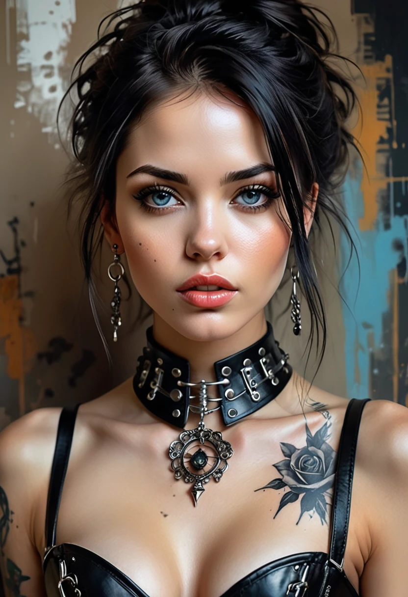 full body photo art photo art by Michael Garmash, Lilia Alvarado, Russ Mills, wide-angle image of a gorgeous and hot 27 year old, with an expressive, the inspiration from biotechnology, gothic and cyberpunk, minimalism, thoughtful face, piercing gaze. The delicate face, bright eyes, and voluminous lips - Has tattoos, wears earrings, steel collar and black hair - An image must have a mysterious look, corset dress