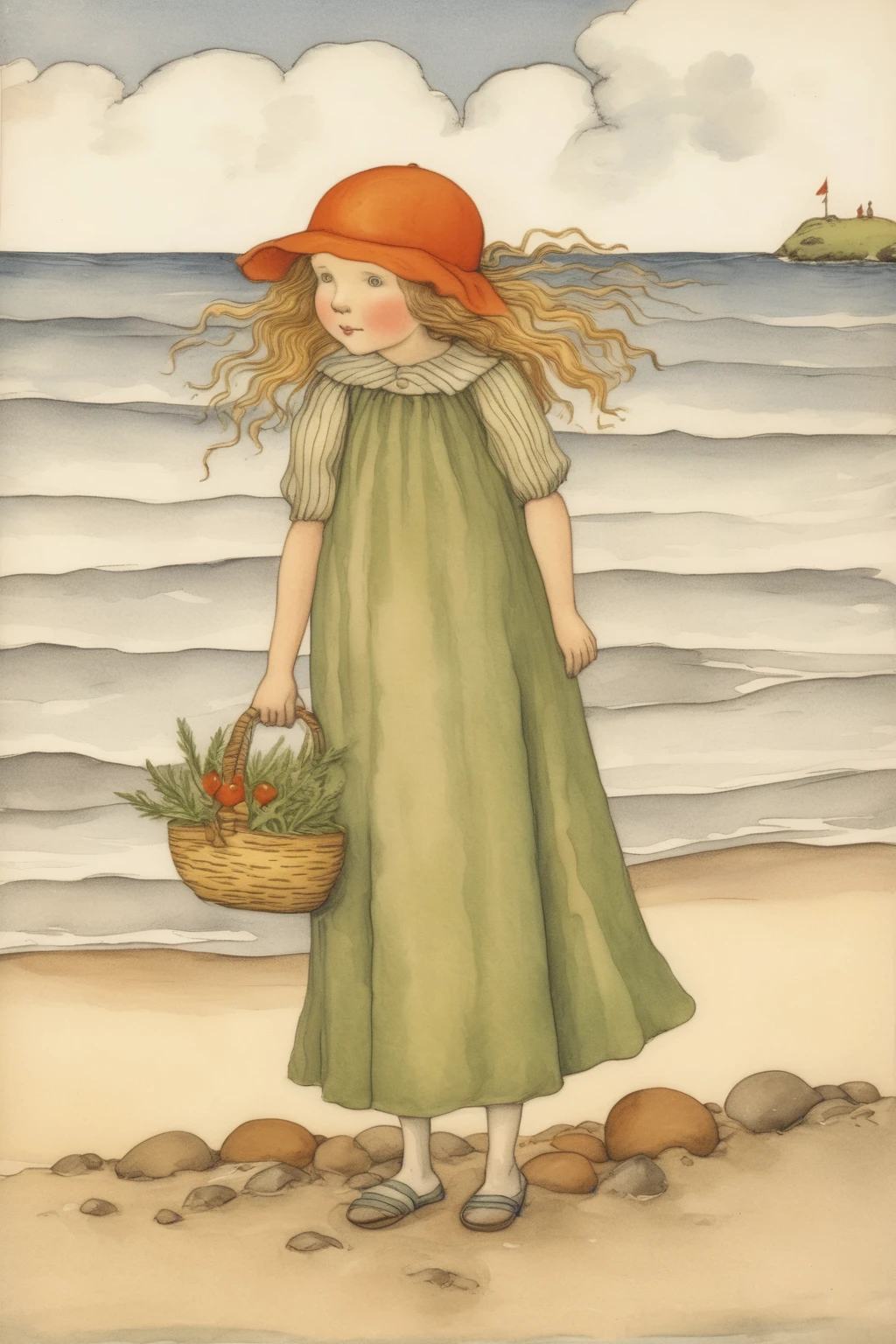 Kate Greenaway Style - girl at the beach in the style of elsa beskow