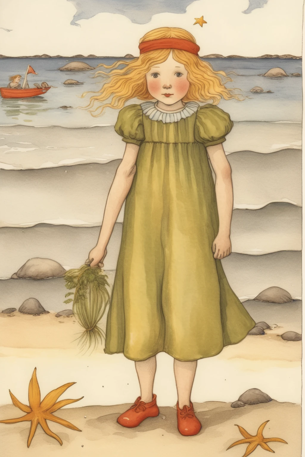 Kate Greenaway Style - girl at the beach in the style of elsa beskow