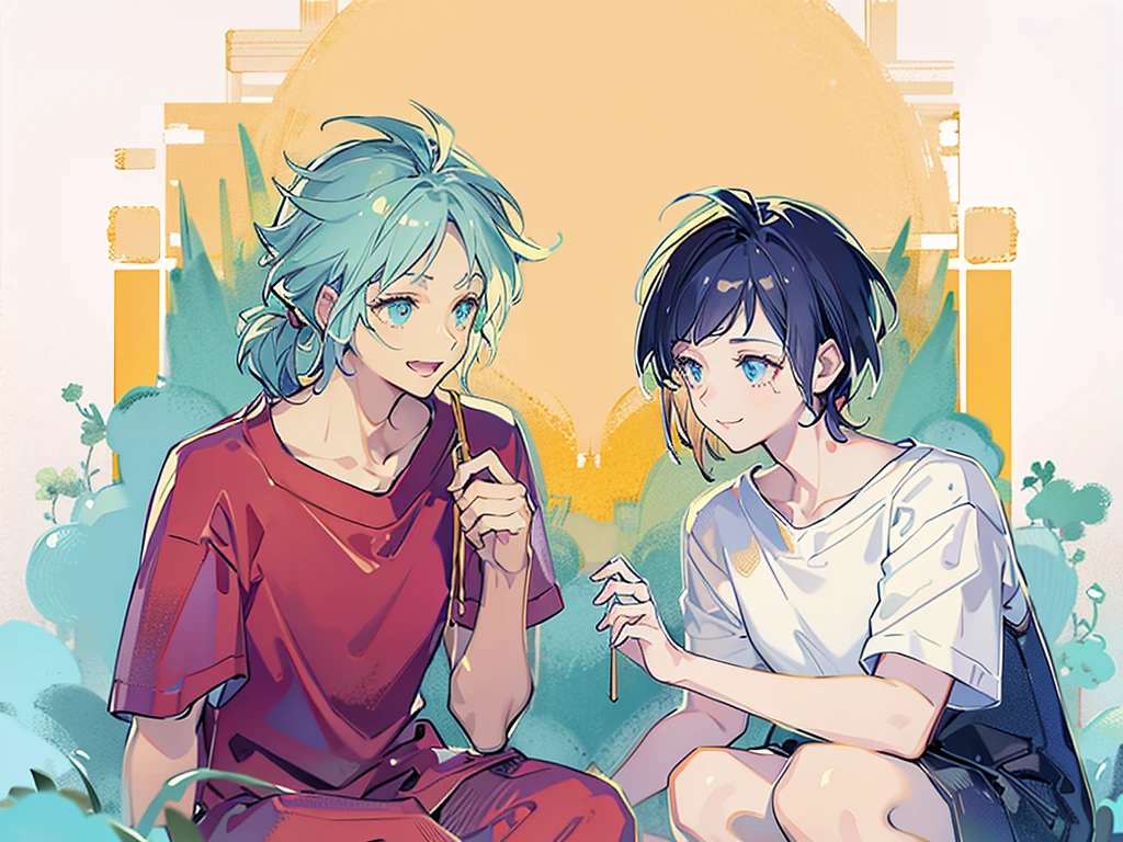 Two boys，Squatting，One has blond hair，A person with dark blue hair，White shirt，shorts，Holding a firework stick，daytime，sunlight，White T-shirt，8K，Correct human body，Detailed eye painting，illustration，Highest quality，Exquisite，Detailed face，Masterpiece，flat chest，Slim，young，16 years old，High-end，Hand Painted，Official Fanart, Visual novel, Anime style，Girly Romance, Produced by Anime Painter Studio，masterpiece, best quality, Sharp focus, Intricate details, Perfect, Golden Ratio Composition, 8K resolution, High resolution, fair, fair sky, Vibrant pastel colors