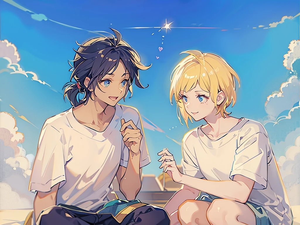 Two boys，Squatting，One has blond hair，A person with dark blue hair，White shirt，shorts，Holding a firework stick，daytime，sunlight，White T-shirt，8K，Correct human body，Detailed eye painting，illustration，Highest quality，Exquisite，Detailed face，Masterpiece，flat chest，Slim，young，16 years old，High-end，Hand Painted，Official Fanart, Visual novel, Anime style，Girly Romance, Produced by Anime Painter Studio，masterpiece, best quality, Sharp focus, Intricate details, Perfect, Golden Ratio Composition, 8K resolution, High resolution, fair, fair sky, Vibrant pastel colors