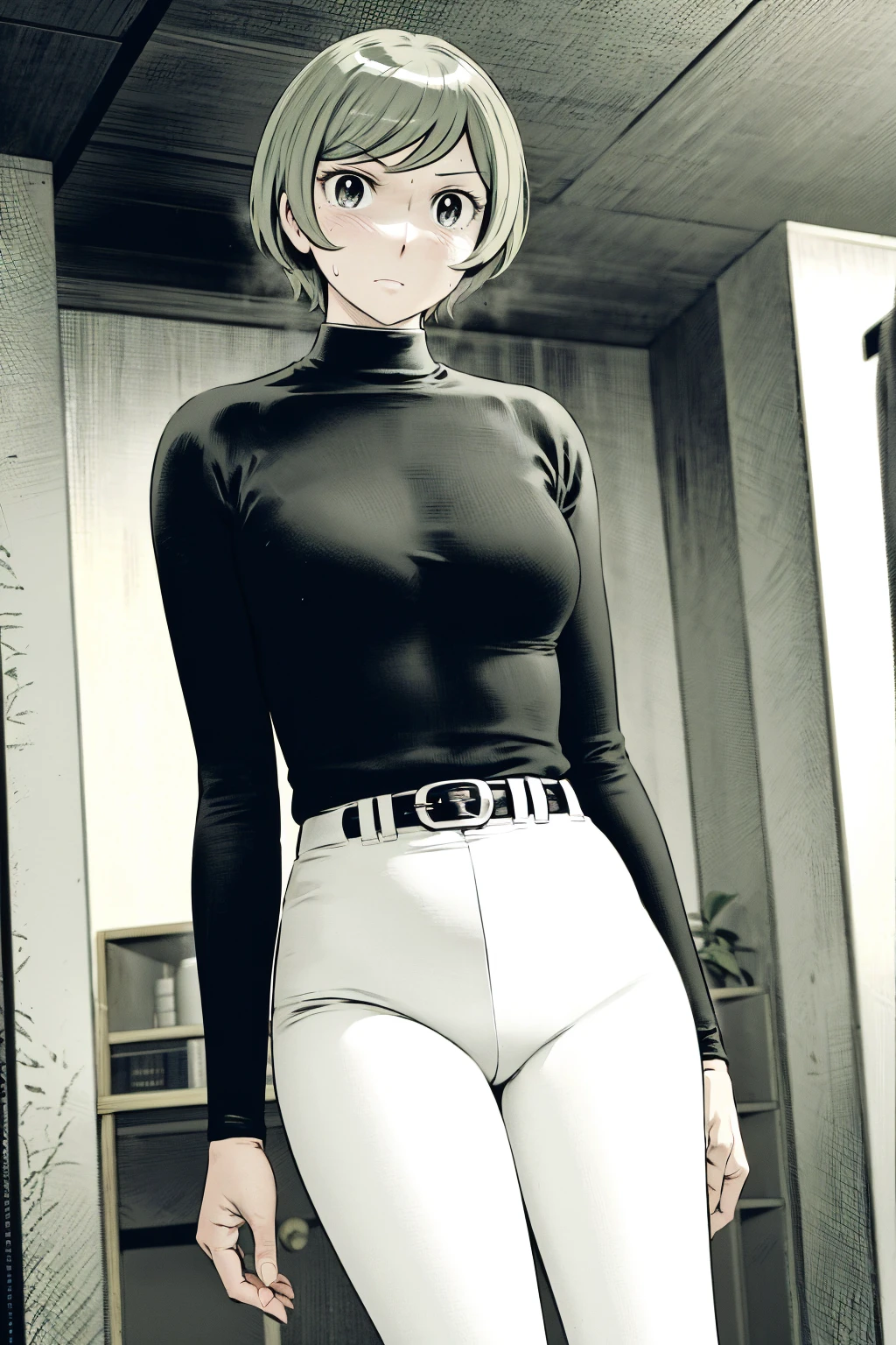 、(masterpiece、Highest quality)、Highest quality, Ultra-high resolution, (((masterpiece))), alone, Sweat、Big eyes,Tight black shirt、Tight white pants、belt、indoor、Composition from the front、(後ろCut your hair short、short hair、blonde、woman)、Shortcuts、Embarrassed face、Cut your hair short、可愛いwomanの子、Big Breasts、office