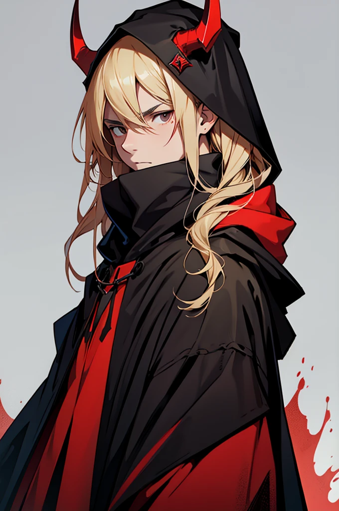 Teenager, small red horns, black eyes, imposing face, blond hair, with black cloak with hood on his head