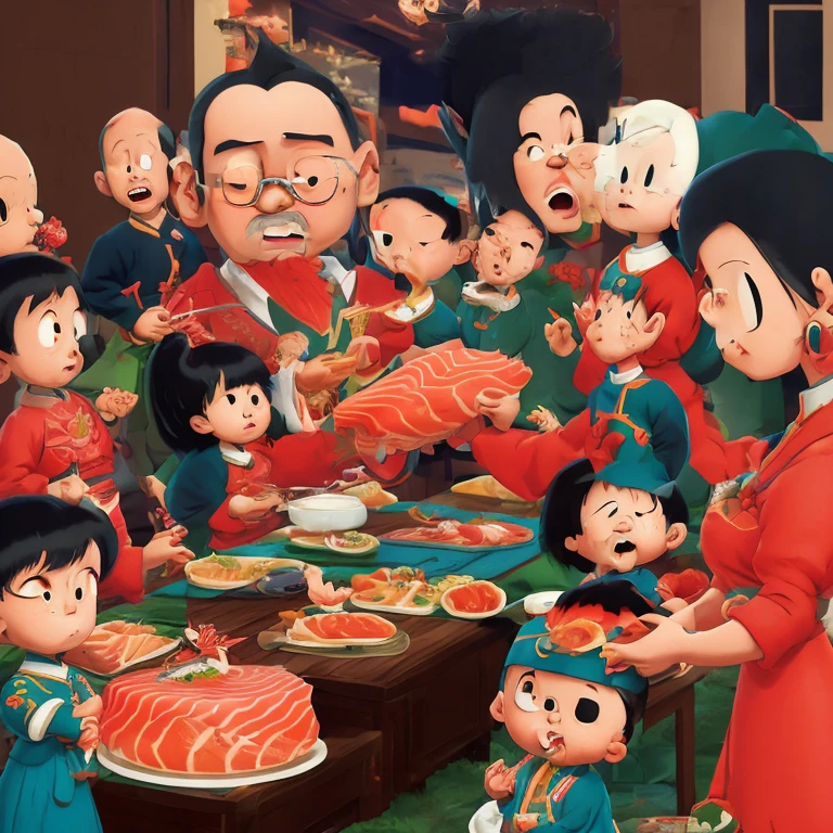 Nobi Nobita is eating a large batch of sashimi at a birthday party.