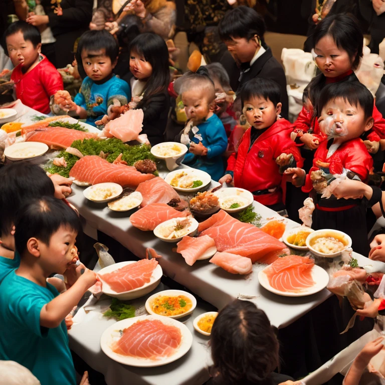 Nobi Nobita is eating a large batch of sashimi at a birthday party.