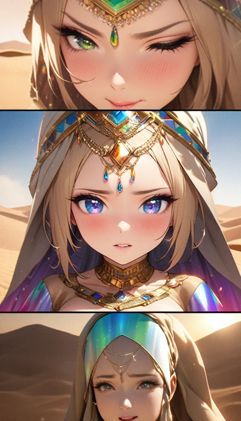 Highest quality, Highest quality, 16K, sfw, Unbelievably absurd, Very detailed, delicate and dynamic, Natural light, The particles reflect the rainbow colors, Diffuse reflection of light, Vortex of Light, Lots of dust storms, Beautiful desert, Shining Sun, Sand Dunes, Create amazing image effects, Upper body close-up, (, Cute sexy girl, bouncing busts, Sensual expression, Passionate, Hilarious, Vibrant, arabian princess, arabian long dress, riding on camels )
