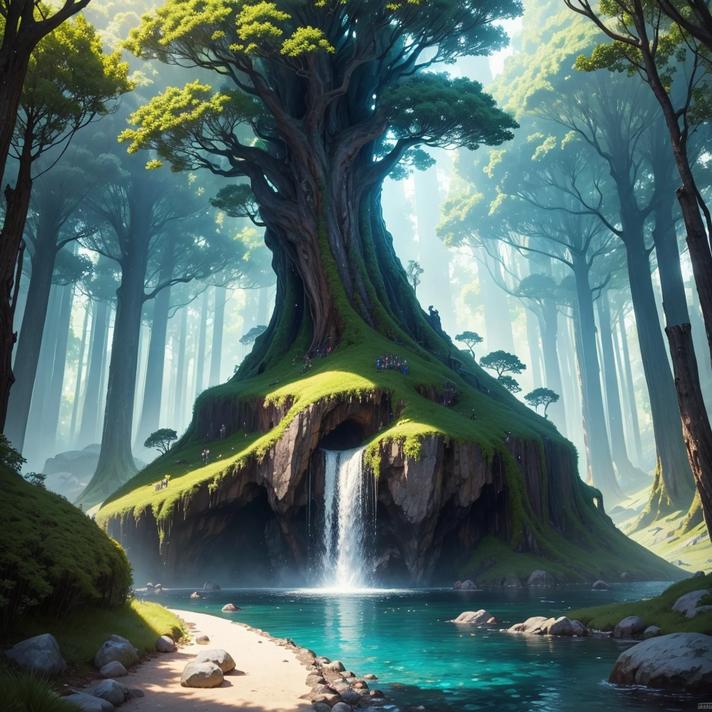 mysteriousな超巨大なトンネルの中に森がある,There is a huge tree,Different world,The sunlight from the sun shines on the earth,Colorful,Best Quality,8K,mysterious,Fantasy,Different space,There is a super huge waterfall,There are many different creatures,Nature,romantic,A world beyond imagination,Dream world,universe,Huge river,masterpiece,最高masterpiece,perfection,
