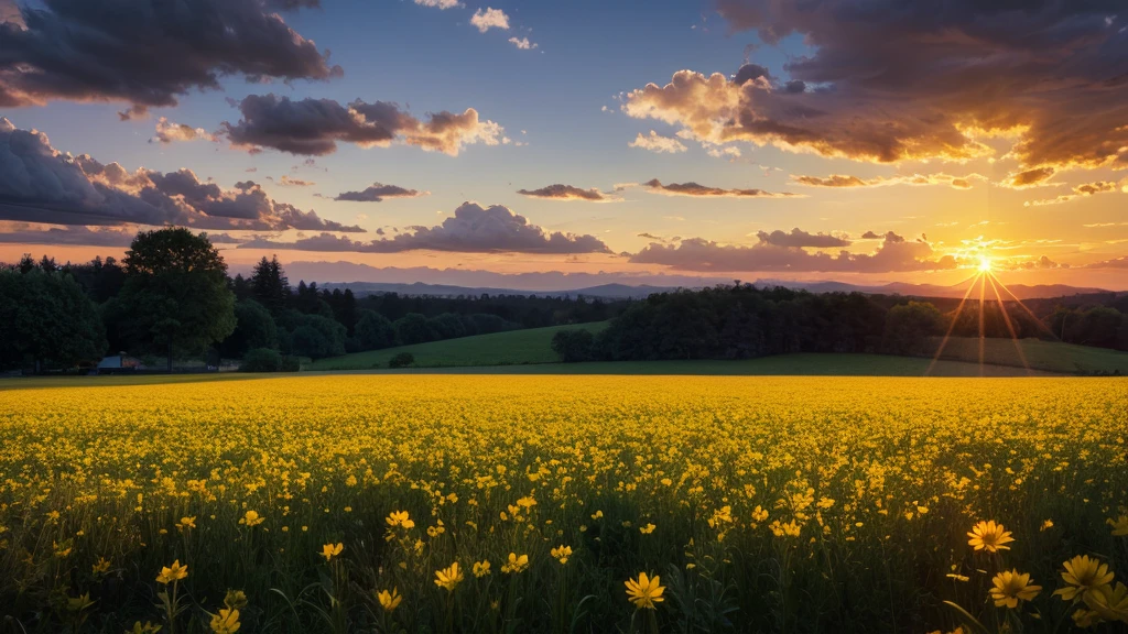 masterpiece , best quality , sunset, field , flower , realistic,