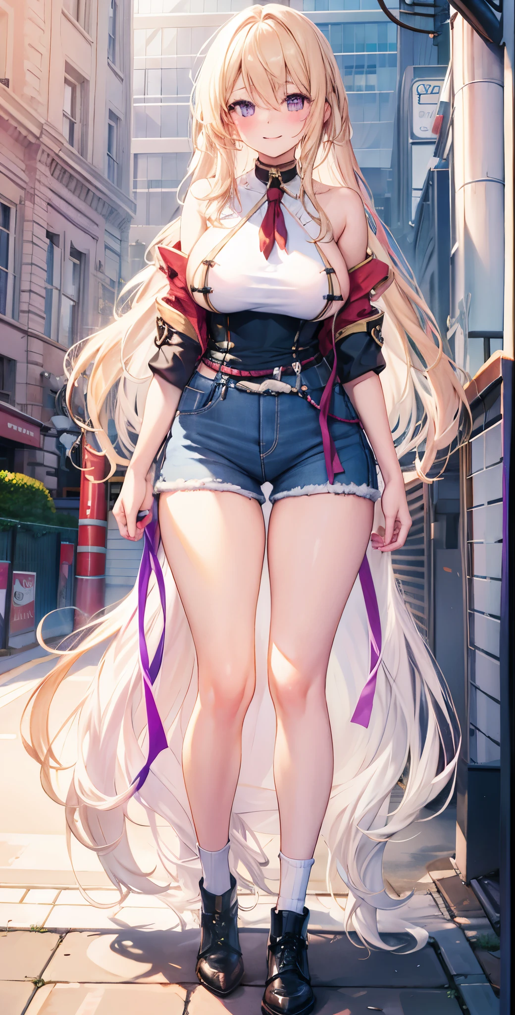 girl，Large Breasts，long hair，Topless，Bow，Blonde hair, Purple Eyes, Long hair, Large Breasts,  Socks, Clive Arch, belt, Short jeans pants,, permanent, Looking at the audience, city road, outdoor, modercity road, blush, Shy, Smile, Show your teeth, Sexy pose, shorts, jacket, Bare shoulders.