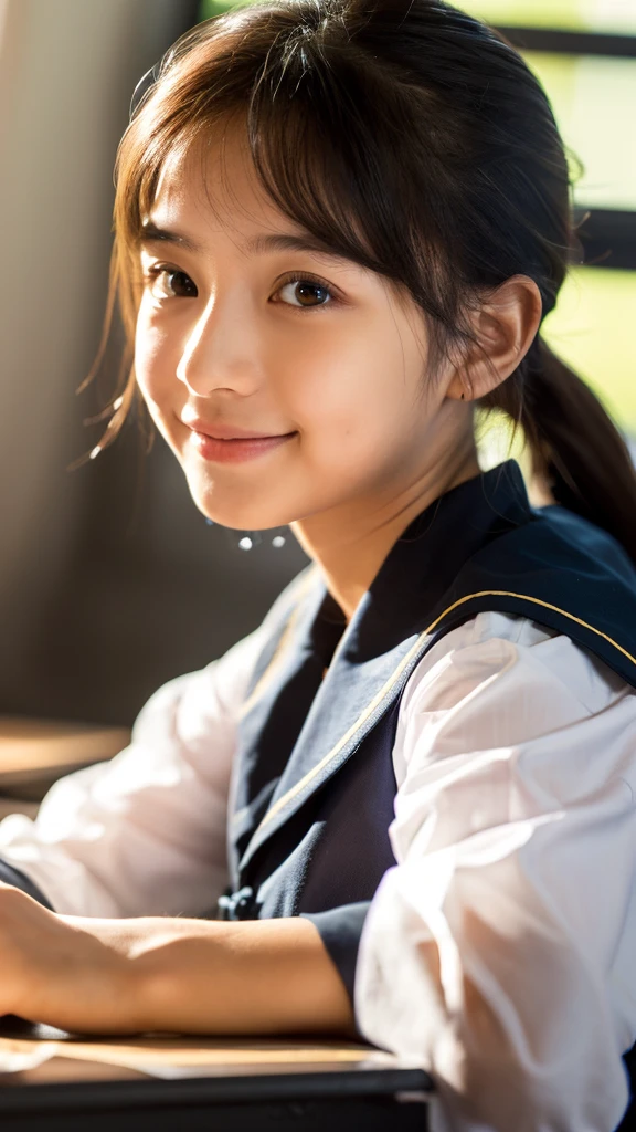 (Highest quality,masterpiece:1.3,Ultra-high resolution),(Very detailed,Caustics,8K),(Realistic:1.4,RAW shooting),(School classroom),(Girl resting her chin on the desk),Sit on a chair,18-year-old,cute,Japanese,Looking into the camera,Black hair ponytail,Sailor suit,(The light coming in from the window illuminates the girl:1.1),(Curtains swaying in the wind),(Bust up shot),(Face Focus),(Face close-up),Low position,Low Angle,Natural light,Smile,