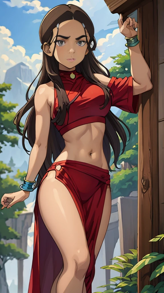masterpiece, best quality, highres, highest quality, absurdres, kataras3, dark skin, traditional media, (painting \(medium\)), bracelet, long hair, brown hair, crop top, midriff, navel, sharp expressive eyes, perfect face, wide hips, thick lineart, atmospheric lighting, smooth, beautifully detailed riverbank background, cinematic composition, Joe Madureira,  red clothing, 