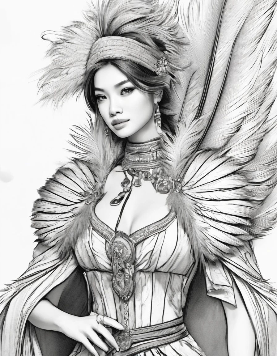 character concept design, line art,clothing model,High quality meticulous illustration.,pencil drawing,feather painting,